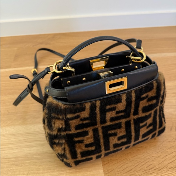 Fendi Handbags - Fendi Brown & Black Shearling Mini Peekaboo Bag with Gold Hardware
